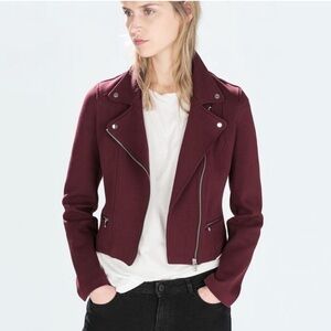 Zara TRF Maroon Biker Jacket in 100% Cotton